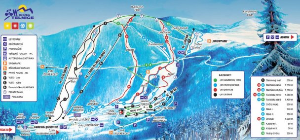 Mapa sjezdovek a lanovek Ski areálu Telnice