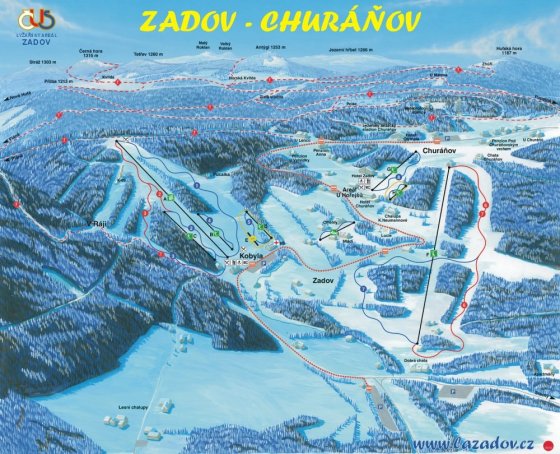 Mapa sjezdových tratí, lanovek a vleků Skiareál Zadov - Churáňov