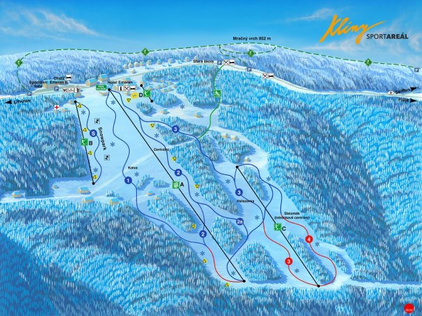 Mapa sjezdovek a lanovek Sport areálu Klíny