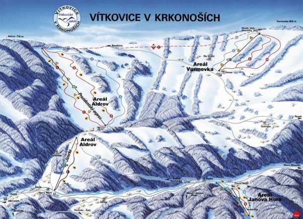 Mapa sjezdovek, lanovek a vleků Ski areál Aldrov