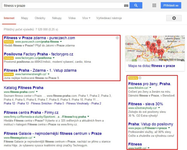 Fitness v Praze - reklama na Google Adwords